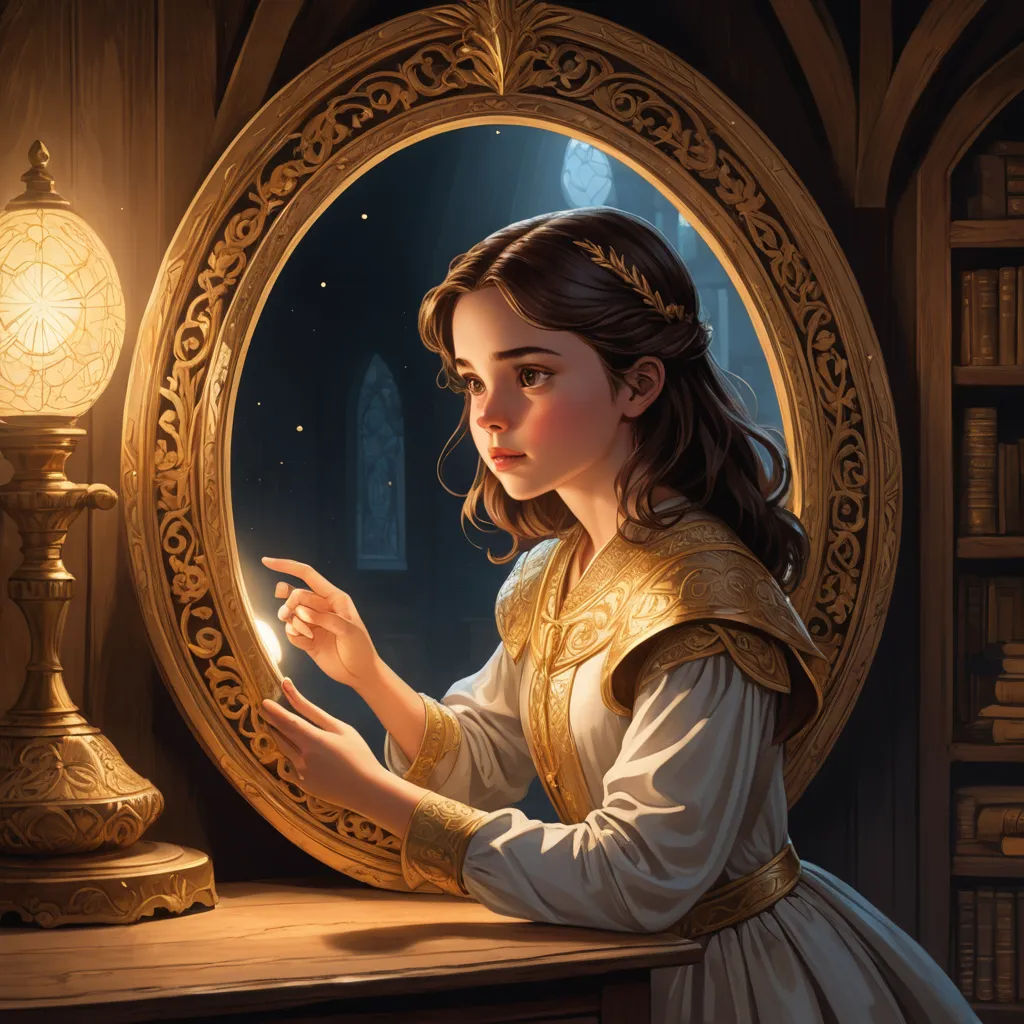 a painting of a girl looking at a mirror with a light on it and a lamp on a table, fantasy art, a storybook illustration, Clint Cearley, rossdraws global illumination