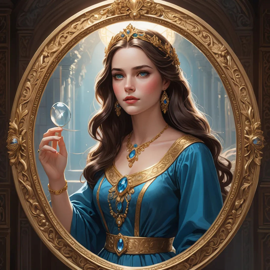 a woman in a blue dress holding a crystal ball in a golden frame with a blue background and a gold border around her, fantasy art, a detailed painting, Charlie Bowater, detailed painting