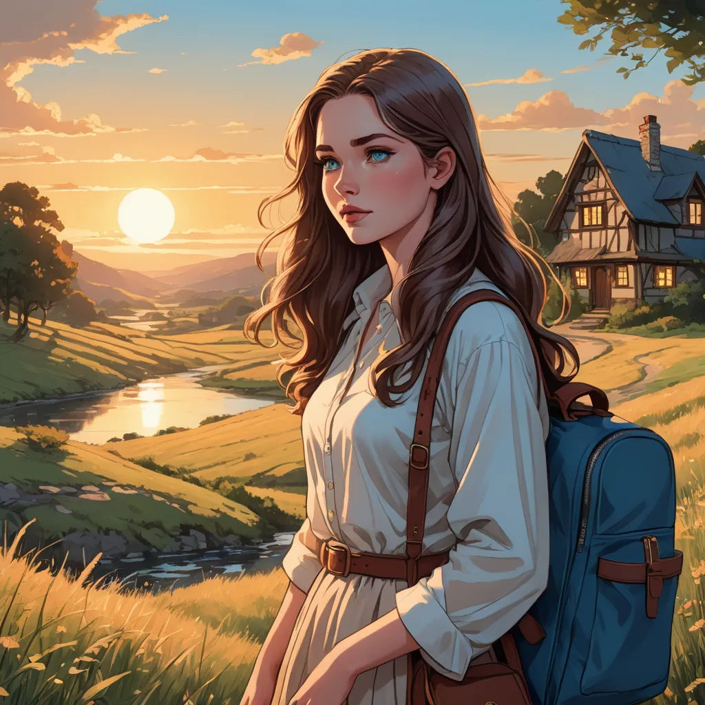 a woman with a backpack standing in a field at sunset with a house in the background and a river running through the grass, fantasy art, a storybook illustration, Atey Ghailan, rossdraws global illumination