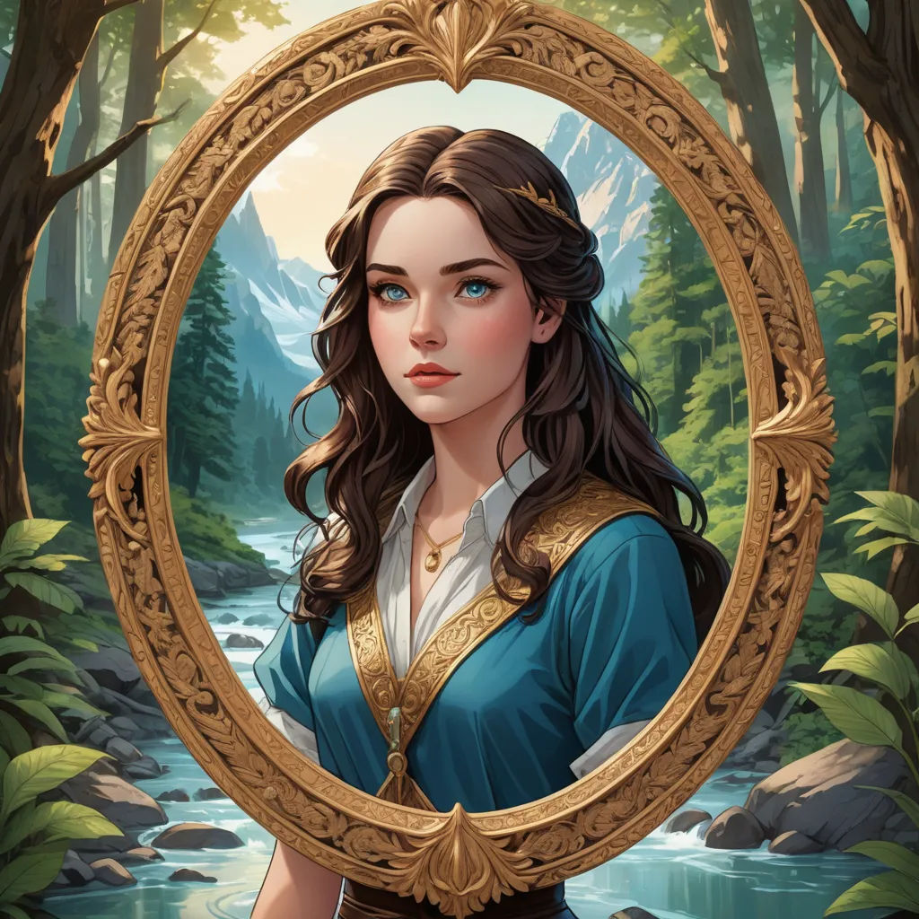 a painting of a woman in a blue dress holding a golden frame in front of a forest with a river, fantasy art, a character portrait, Charlie Bowater, fantasy character portrait
