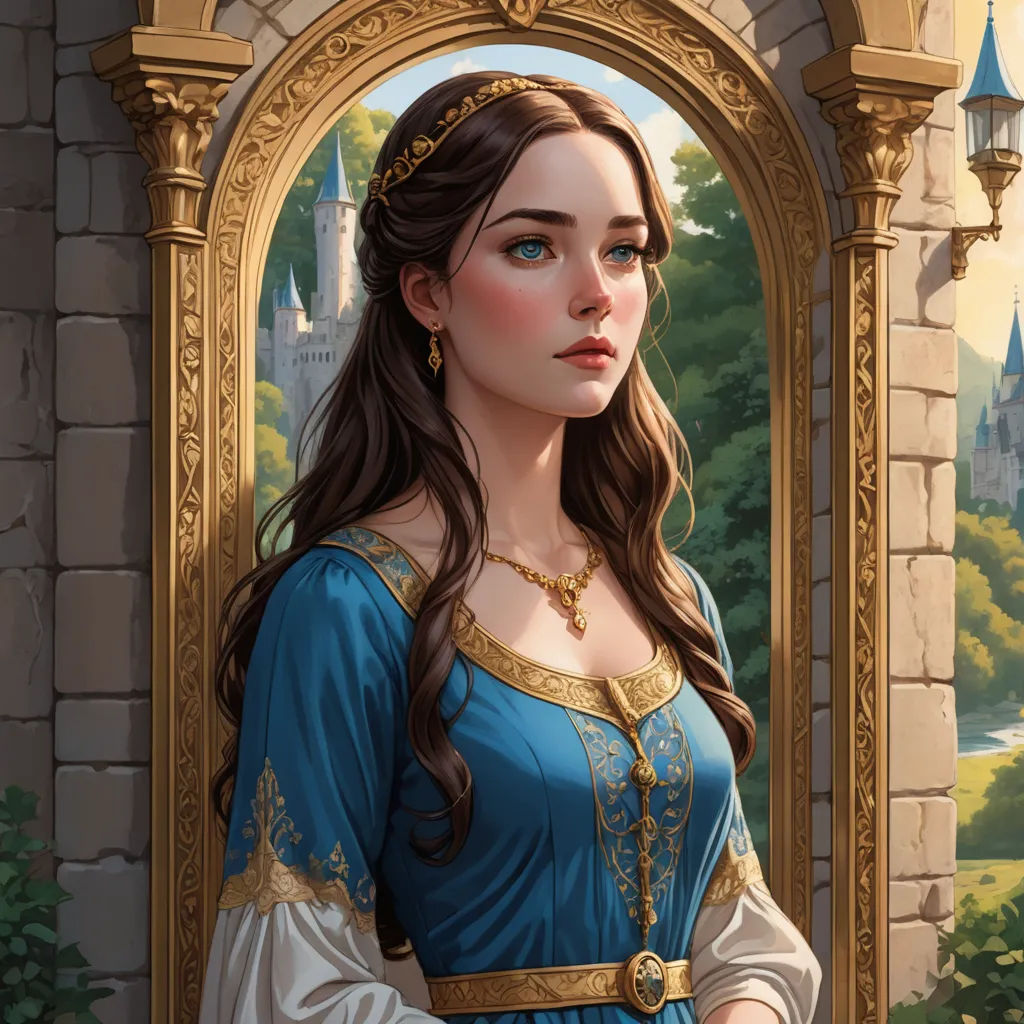 a painting of a woman in a blue dress standing in front of a castle doorway with a castle in the background, fantasy art, a detailed painting, Charlie Bowater, high detail illustration