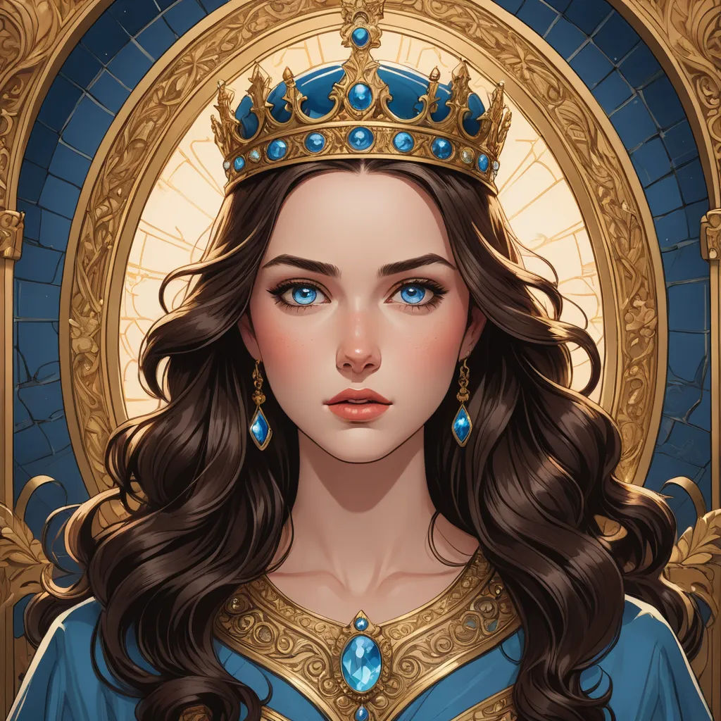 a painting of a woman wearing a crown and blue dress with a gold frame around her neck and a blue diamond necklace, fantasy art, a detailed painting, Charlie Bowater, trending on art station