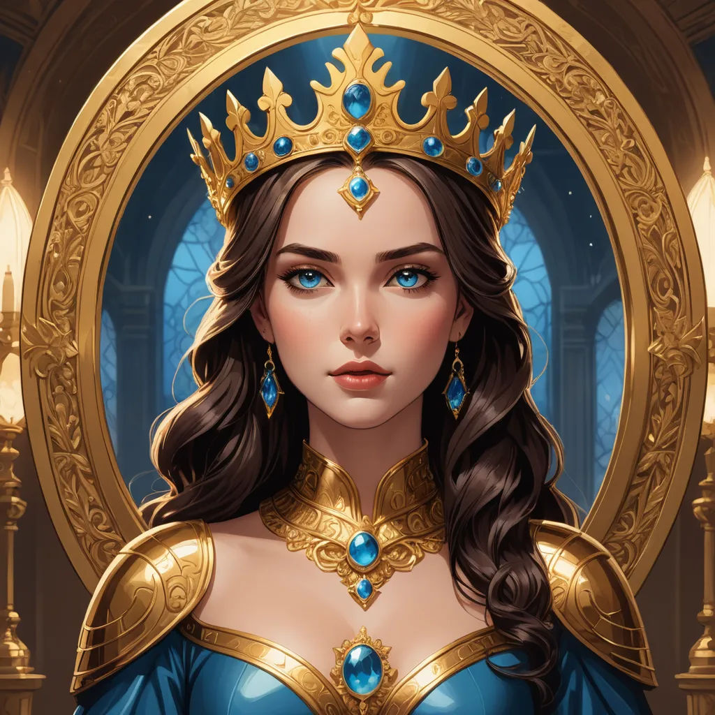 a woman in a blue dress with a gold crown on her head and a blue dress with a gold crown on her head, fantasy art, a detailed painting, Charlie Bowater, trending on art station