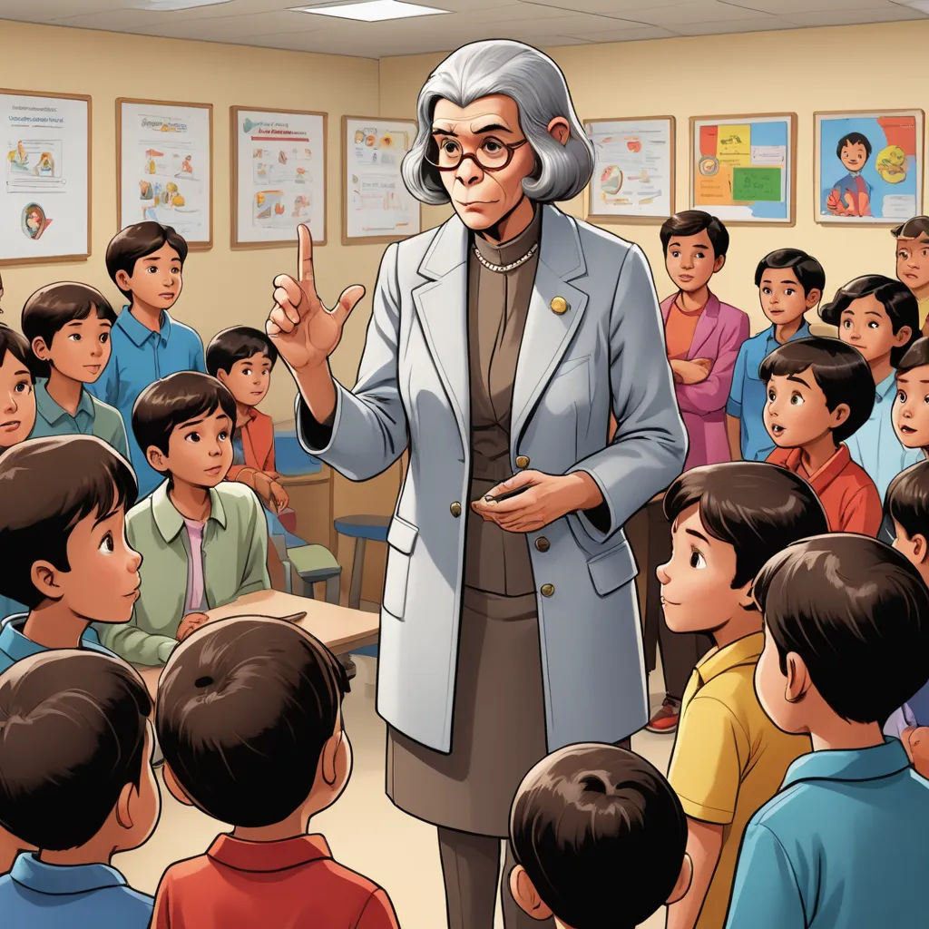 a woman standing in front of a group of children in a classroom with a teacher pointing at her with a finger, institutional critique, a storybook illustration, Ada Gladys Killins, storybook illustration