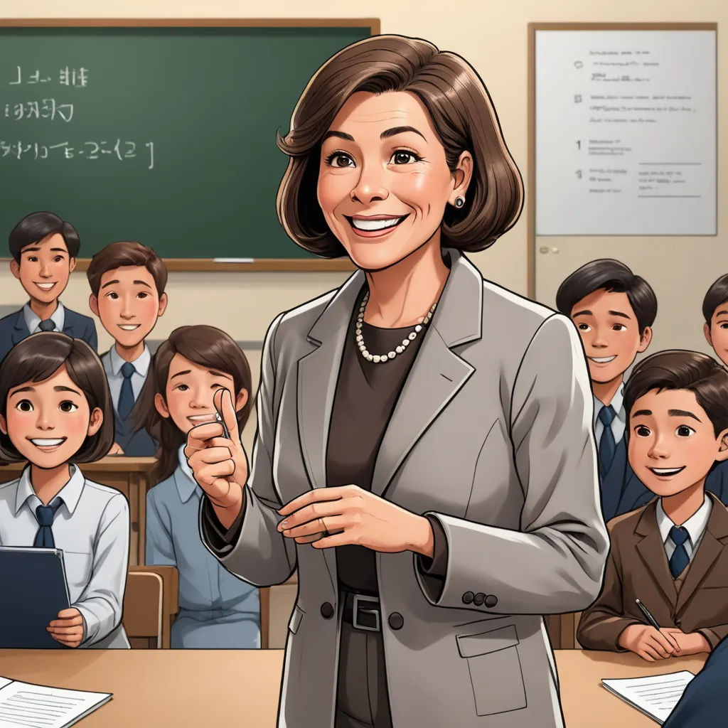 a cartoon of a woman standing in front of a class of children with a teacher in the background holding a tablet, academic art, a storybook illustration, Ayako Rokkaku, official art