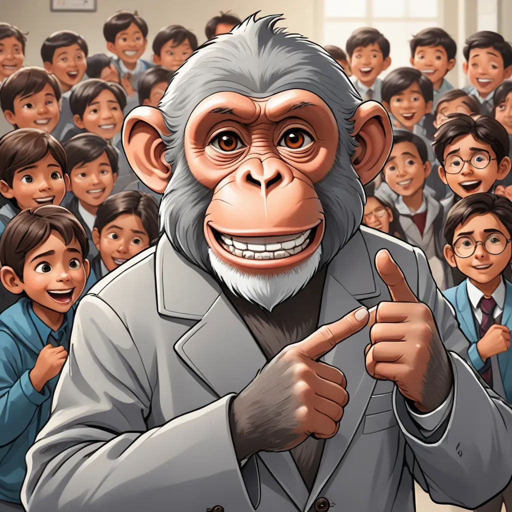 a monkey in a suit pointing at a group of people with a thumbs up sign in front of him, furry art, a comic book panel, Akira Toriyama, yusuke murata