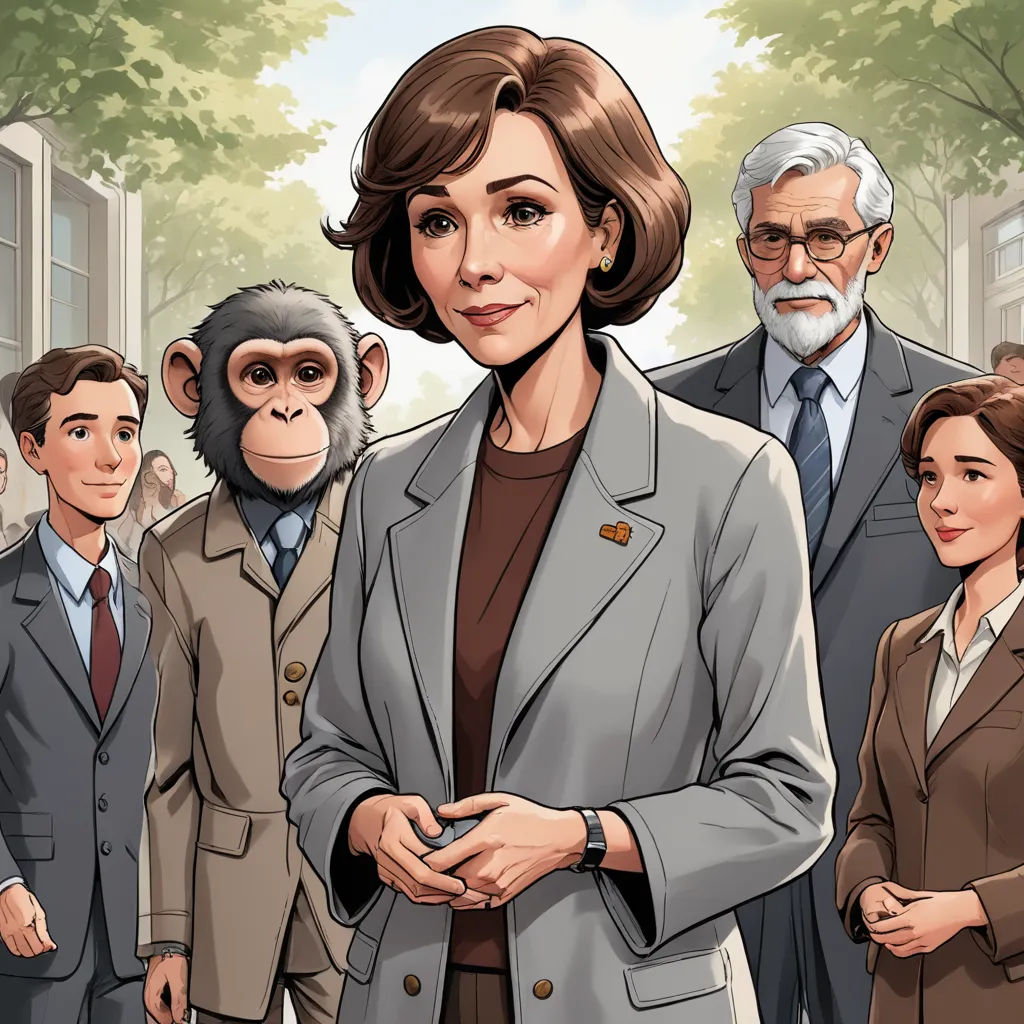 a woman in a suit standing in front of a group of people with monkeys on their backs and a monkey on her shoulder, fantastic realism, a comic book panel, F Scott Hess, official art