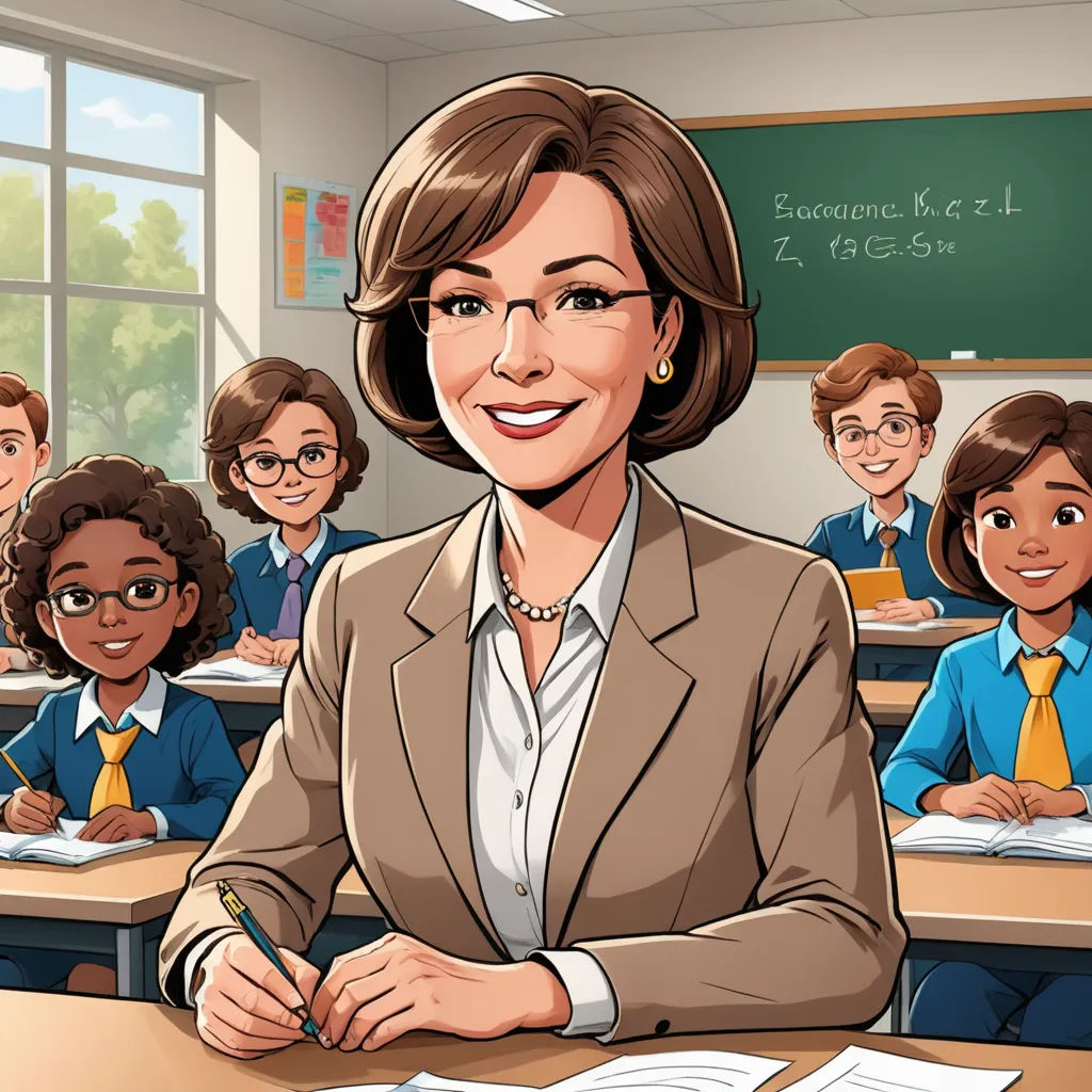 a cartoon of a woman sitting at a desk in front of a class of children with a pencil in her hand, academic art, computer graphics, Ada Gladys Killins, promotional image
