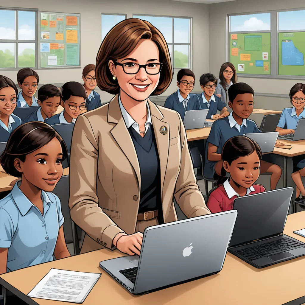 a woman in a classroom with a laptop computer and other children in the background, all wearing uniforms, all looking at the camera, serial art, computer graphics, Ada Gladys Killins, official art