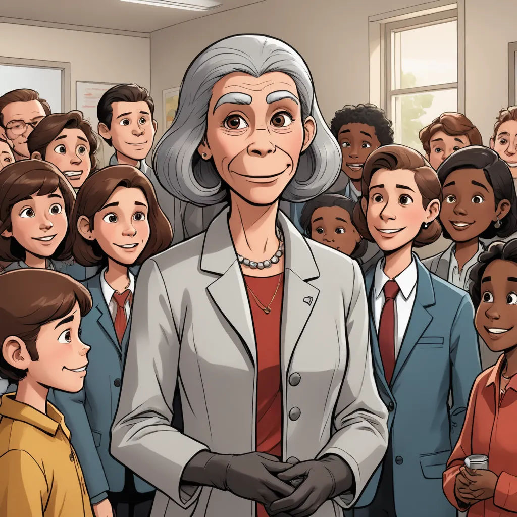 a cartoon of a woman surrounded by people in a room with a window and a sign that says,, vancouver school, a character portrait, Constance Gordon-Cumming, official art