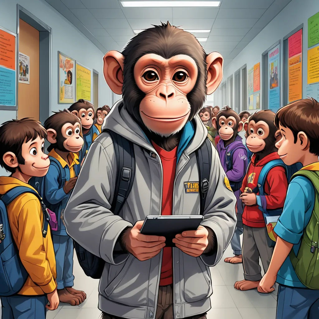 a monkey is standing in a hallway with a tablet in his hands and a group of children are standing around him, furry art, a digital painting, Alex Petruk APe, highly detailed digital painting