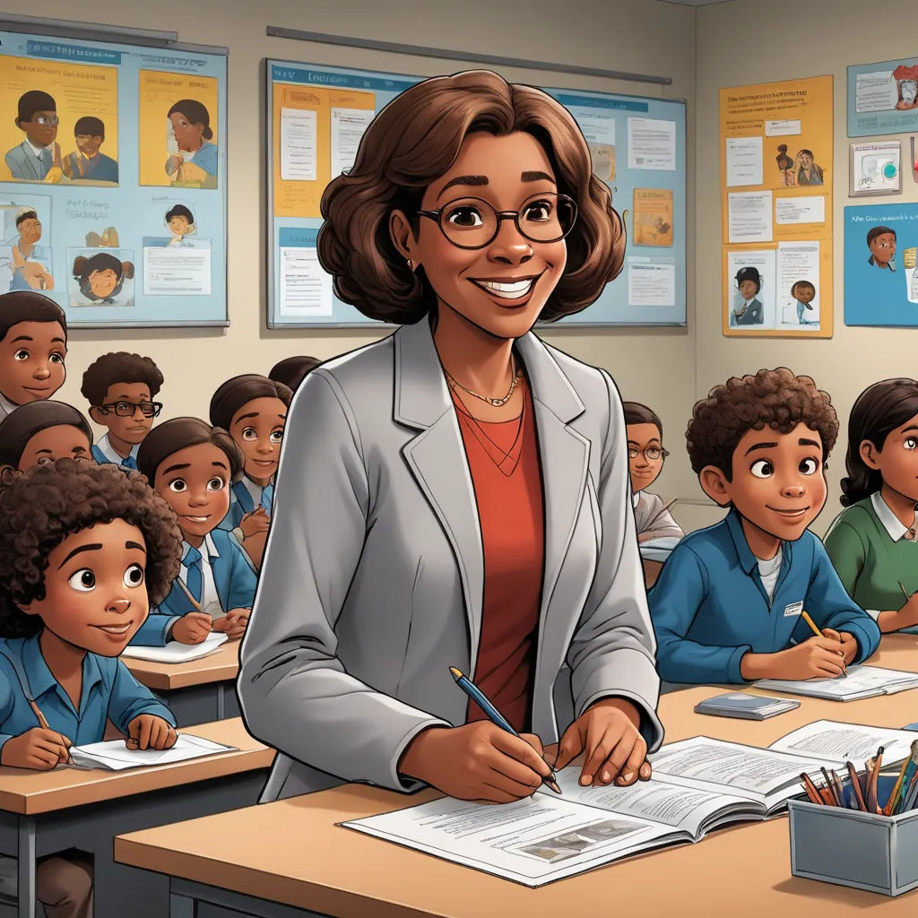 a cartoon of a woman sitting at a desk in front of a classroom full of children with a pencil in her hand, academic art, a comic book panel, Constance Gordon-Cumming, storybook illustration