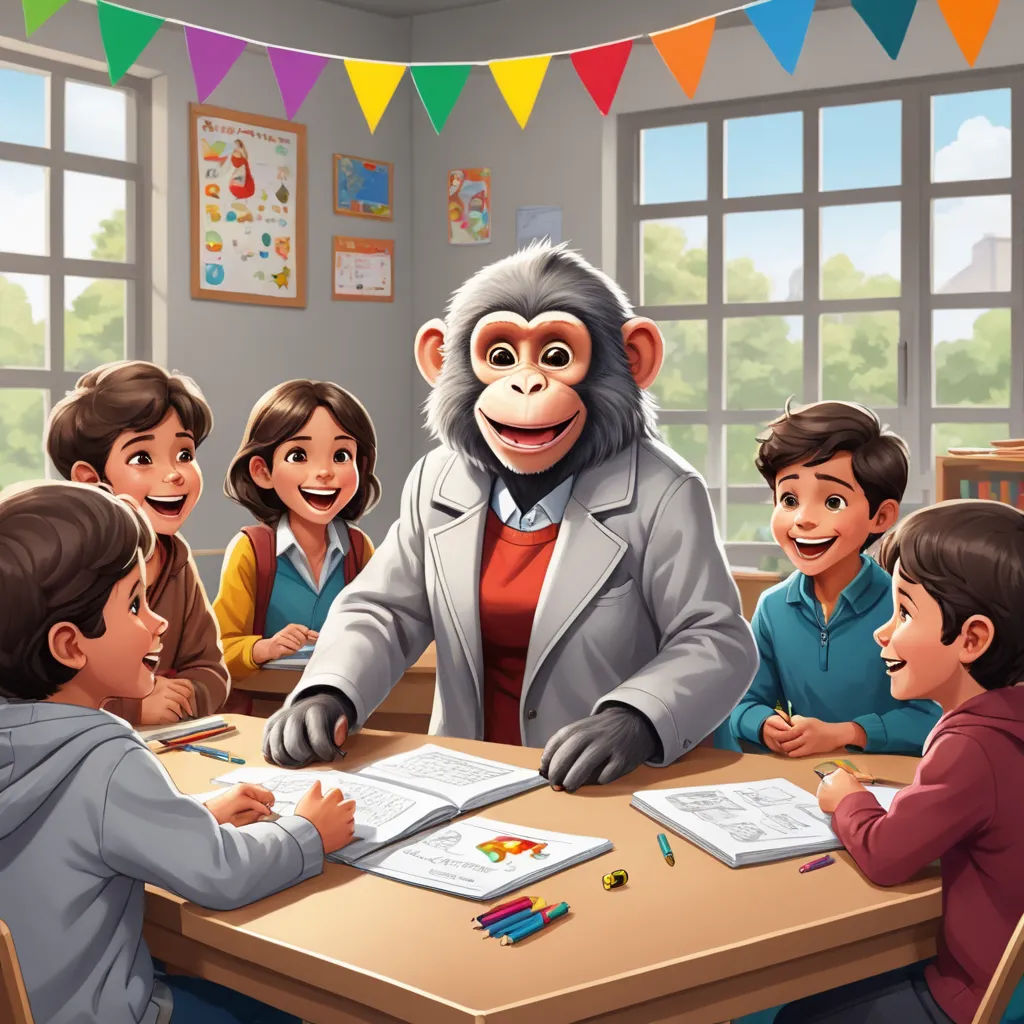 a monkey is sitting at a table with children and a teacher in front of him and a sign that says,, danube school, a storybook illustration, Alex Petruk APe, professional digital painting