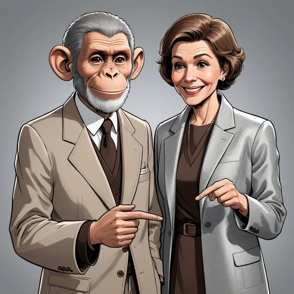 a man and woman dressed in business attire pointing at something with a monkey on the back of them,, fantastic realism, a character portrait, F. Scott Hess, promotional image