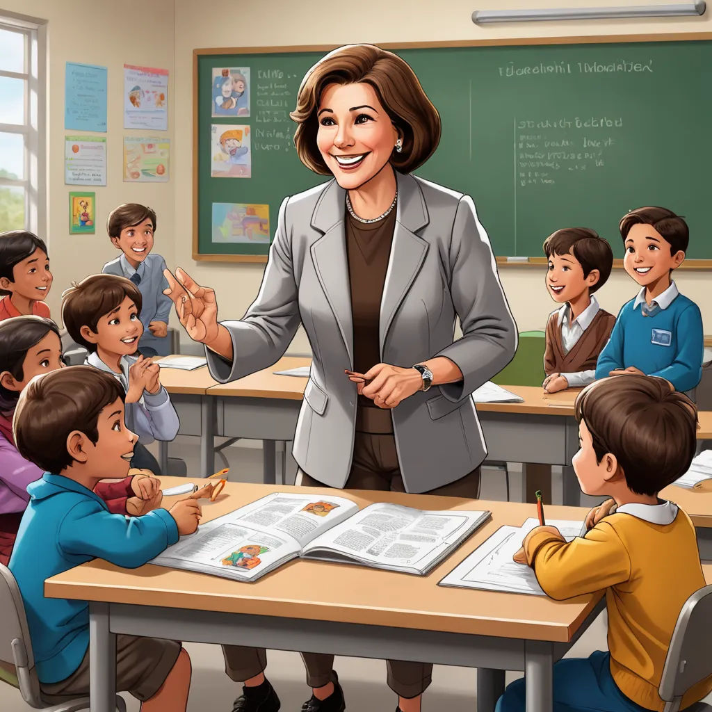 a teacher teaching children in a classroom with a chalkboard and chalkboard on the wall behind her and a chalkboard with a picture of a smiling woman, american scene painting, a storybook illustration, Ada Gladys Killins, storybook illustration