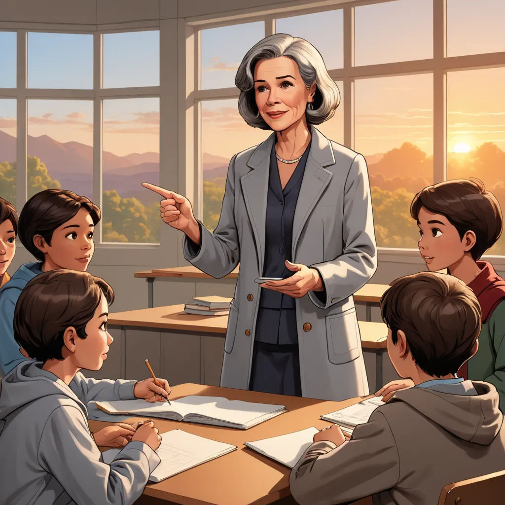 a woman standing in front of a group of children in a classroom with a teacher pointing to her on a clipboard, vancouver school, a storybook illustration, Constance Copeman, official art