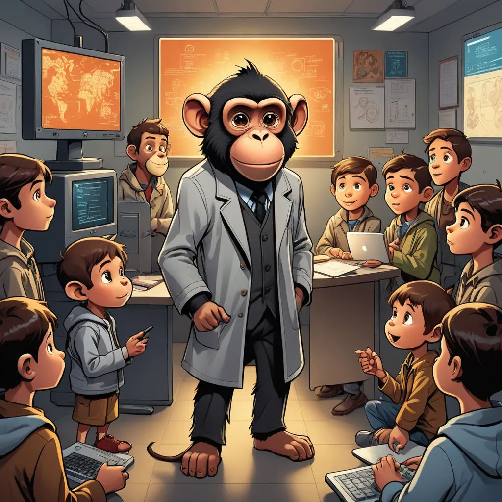 a monkey dressed in a suit standing in front of a group of children in a classroom with computers on the desk, academic art, a storybook illustration, Diego Gisbert Llorens, official art