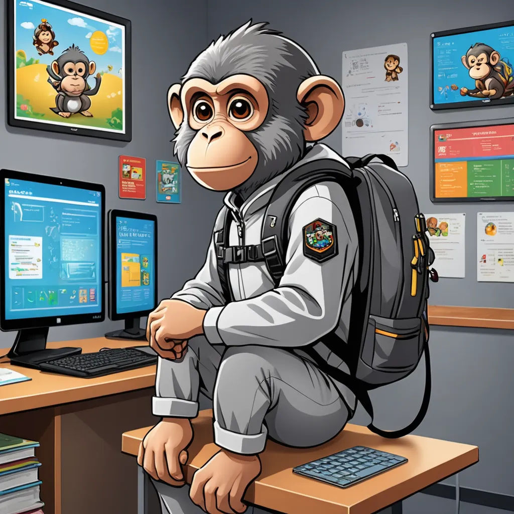 a monkey in a uniform sitting at a desk with a computer and a monitor on it's side, computer art, computer graphics, Alex Petruk APe, high detail illustration