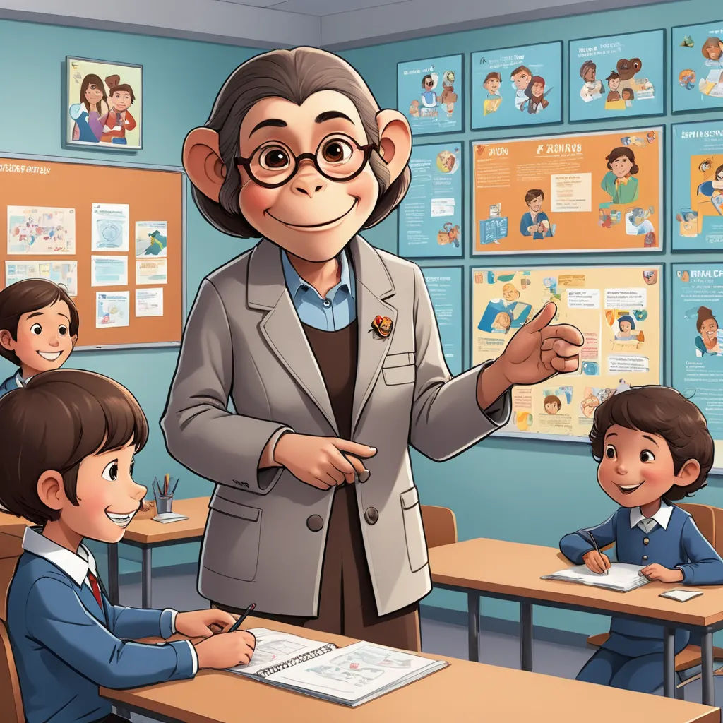 a teacher teaching children in a classroom with a monkey on the wall behind her and a monkey on the desk, academic art, a storybook illustration, Ada Gladys Killins, official art