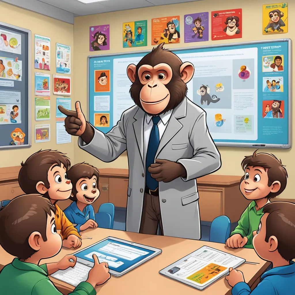 a monkey teacher teaching children in a classroom with a monkey on the wall behind him and a monkey on the table, danube school, a comic book panel, Diego Gisbert Llorens, official art