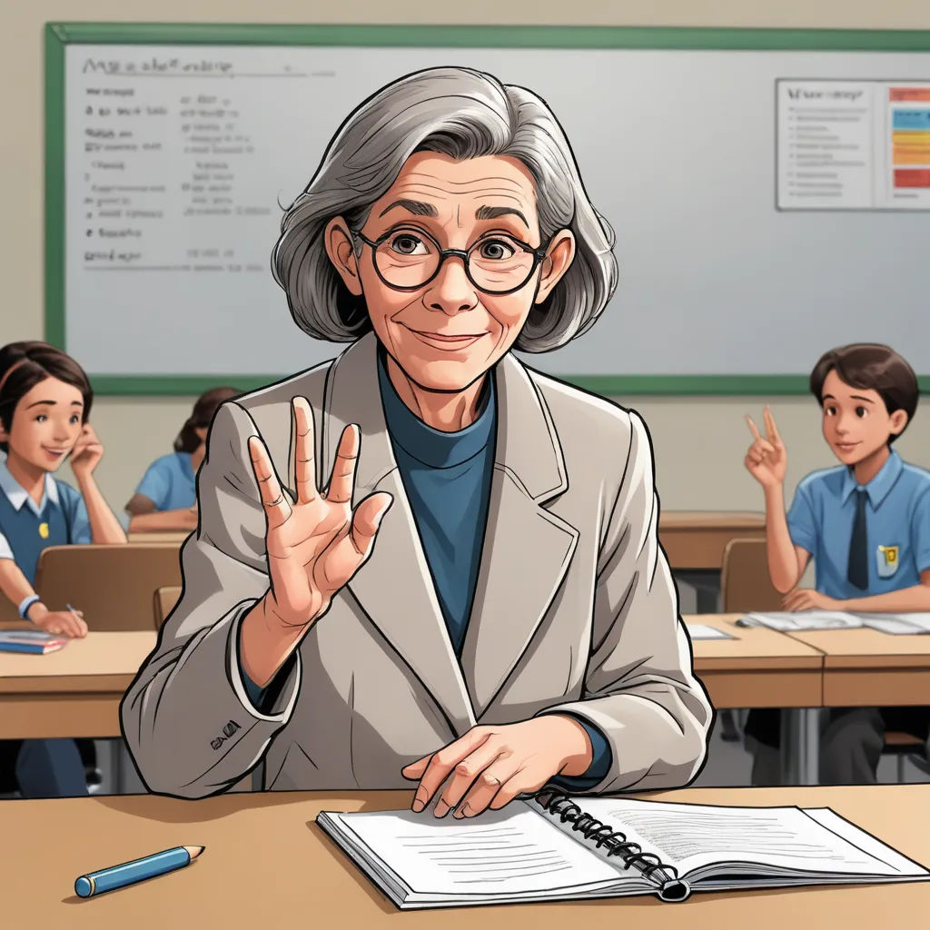 a cartoon of a woman sitting at a desk with a notebook and pen in front of her and a group of children behind her, academic art, a character portrait, Ada Gladys Killins, character portrait