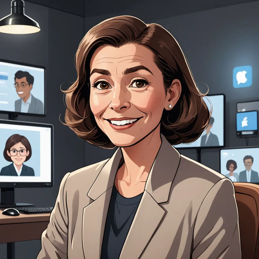 a woman sitting in front of a computer screen with people on the screen behind her and a man in a suit, serial art, a character portrait, Clarice Beckett, promotional image