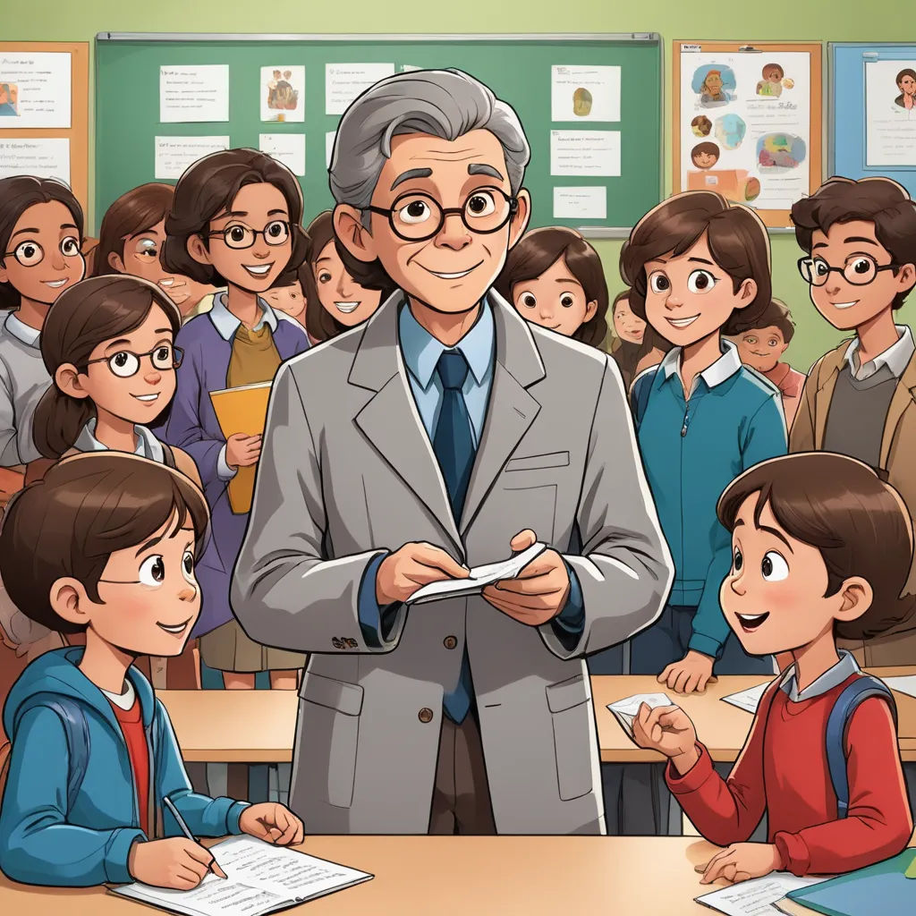 a man standing in front of a classroom full of students with a teacher in front of him holding a piece of paper, naive art, a storybook illustration, Akira Toriyama, official art