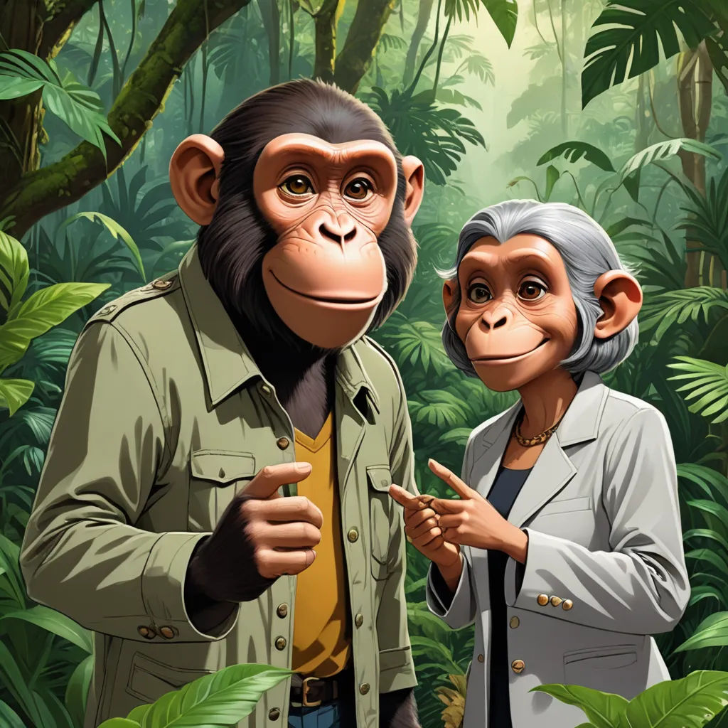 a man and a woman standing in front of a monkey in the jungle with a banana tree behind them, primitivism, a character portrait, Chris LaBrooy, official art