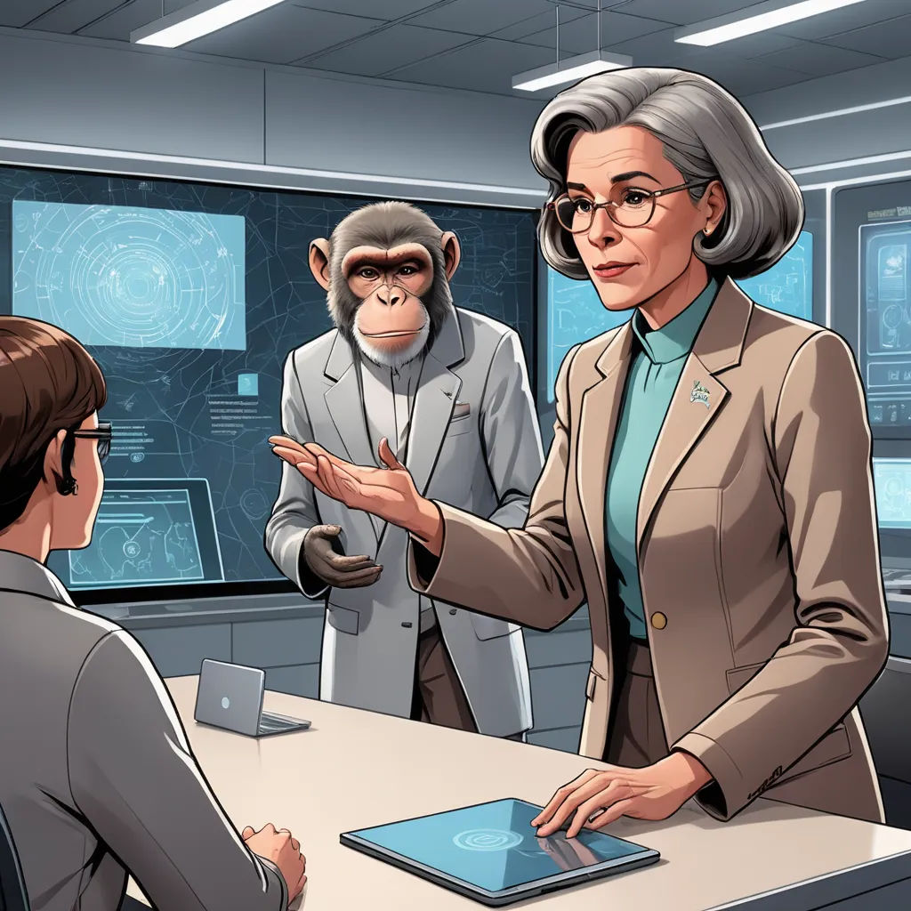 a woman in a suit talking to a man in a suit and tie in a room with a monkey on the wall, institutional critique, a comic book panel, Adam Manyoki, official art