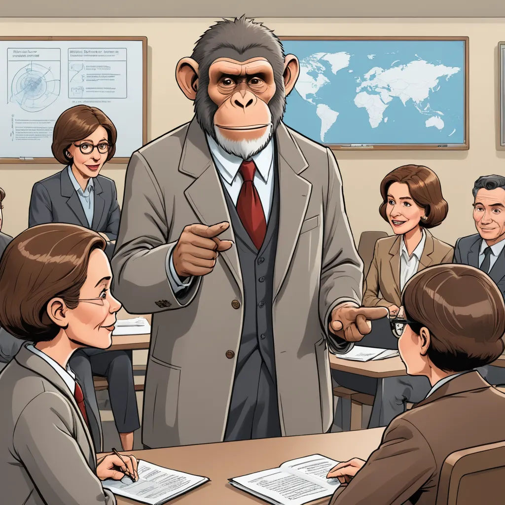 a cartoon of a monkey in a suit giving a presentation to a group of people in a classroom with a map on the wall, institutional critique, a stock photo, Alex Petruk APe, official art