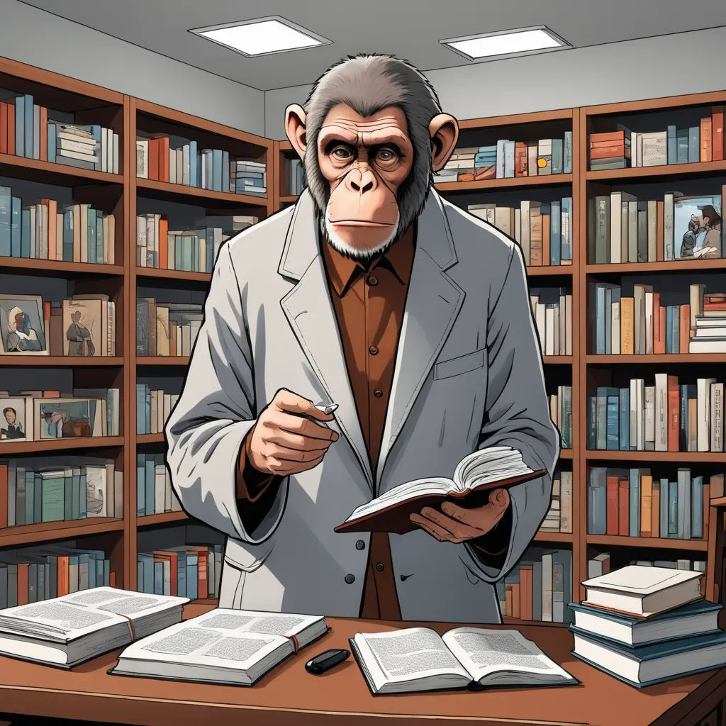 a monkey in a suit is reading a book in a library with a bookcase full of books and a book, academic art, a character portrait, Alex Petruk APe, official art