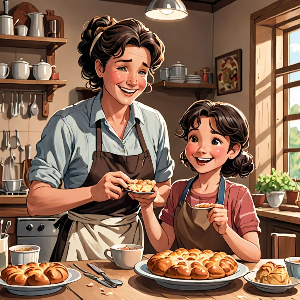 a woman and a child are eating food together in a kitchen with a window in the background and a table with plates of food on it, a storybook illustration, storybook illustration, american scene painting, Alejandro Burdisio