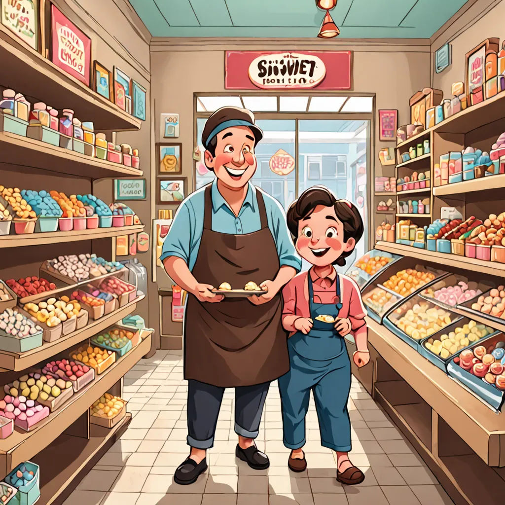 a man and a little girl standing in a store with a tray of food in front of them and a man holding a tray of food, a storybook illustration, storybook illustration, samikshavad, Diego Gisbert Llorens