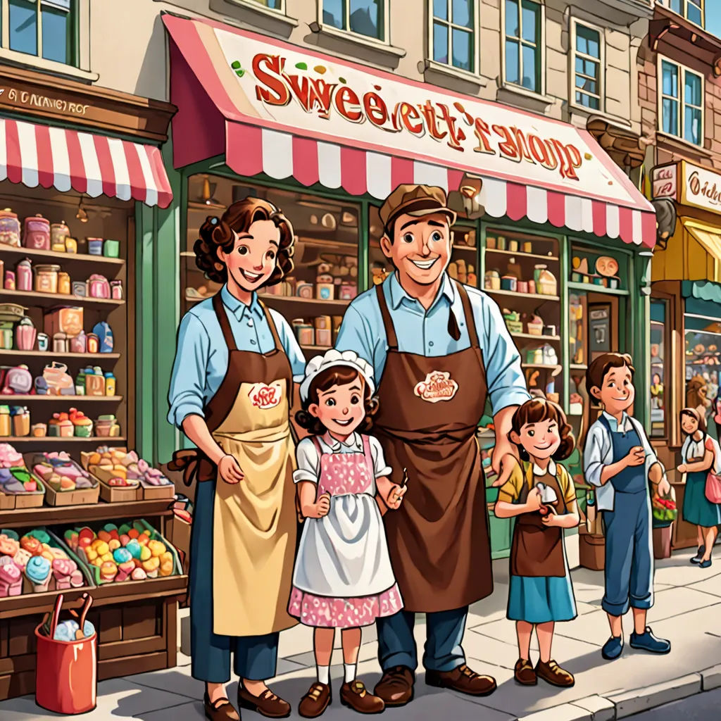 a family standing in front of a store with a woman holding a child and a man holding a child, a storybook illustration, storybook illustration, american scene painting, F Scott Hess