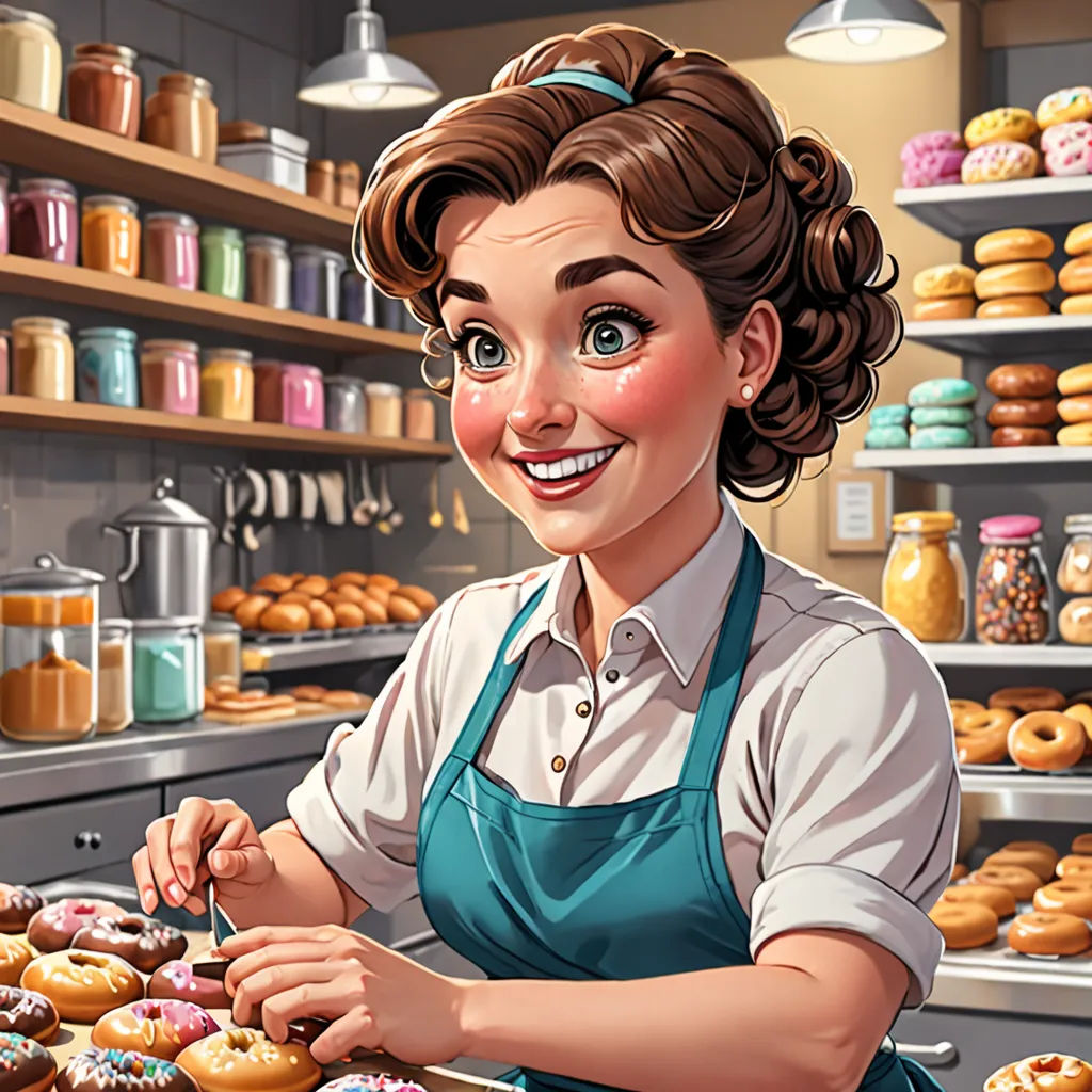 a woman in an apron is working in a bakery with donuts on the counter and shelves full of donuts, a character portrait, kinkade, sots art, Ada Gladys Killins