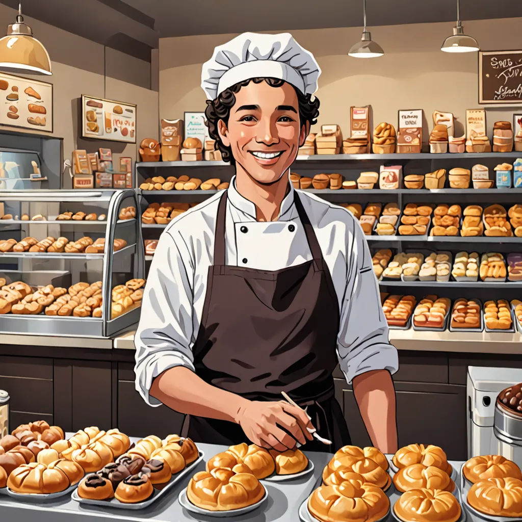 a man in an apron is behind a counter with pastries and donuts on it in a bakery, a stock photo, game art, american scene painting, Adam Saks