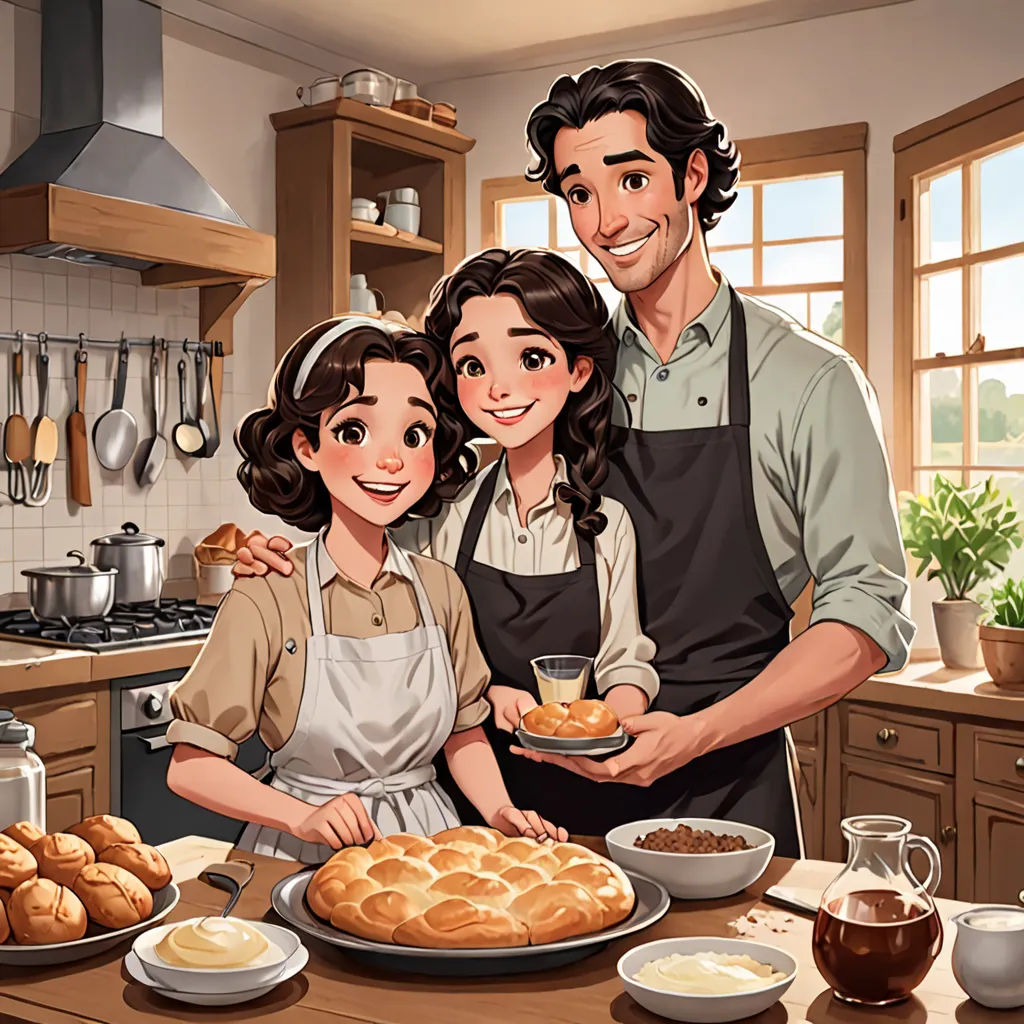 a man and a woman standing in a kitchen with a plate of food on the counter and a pot of coffee, a storybook illustration, official art, american scene painting, Alejandro Burdisio