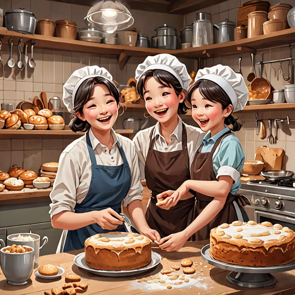 three girls are standing in front of a cake on a table with a knife in it and a cake on a plate, a storybook illustration, cgstudio, photorealism, Choi Buk
