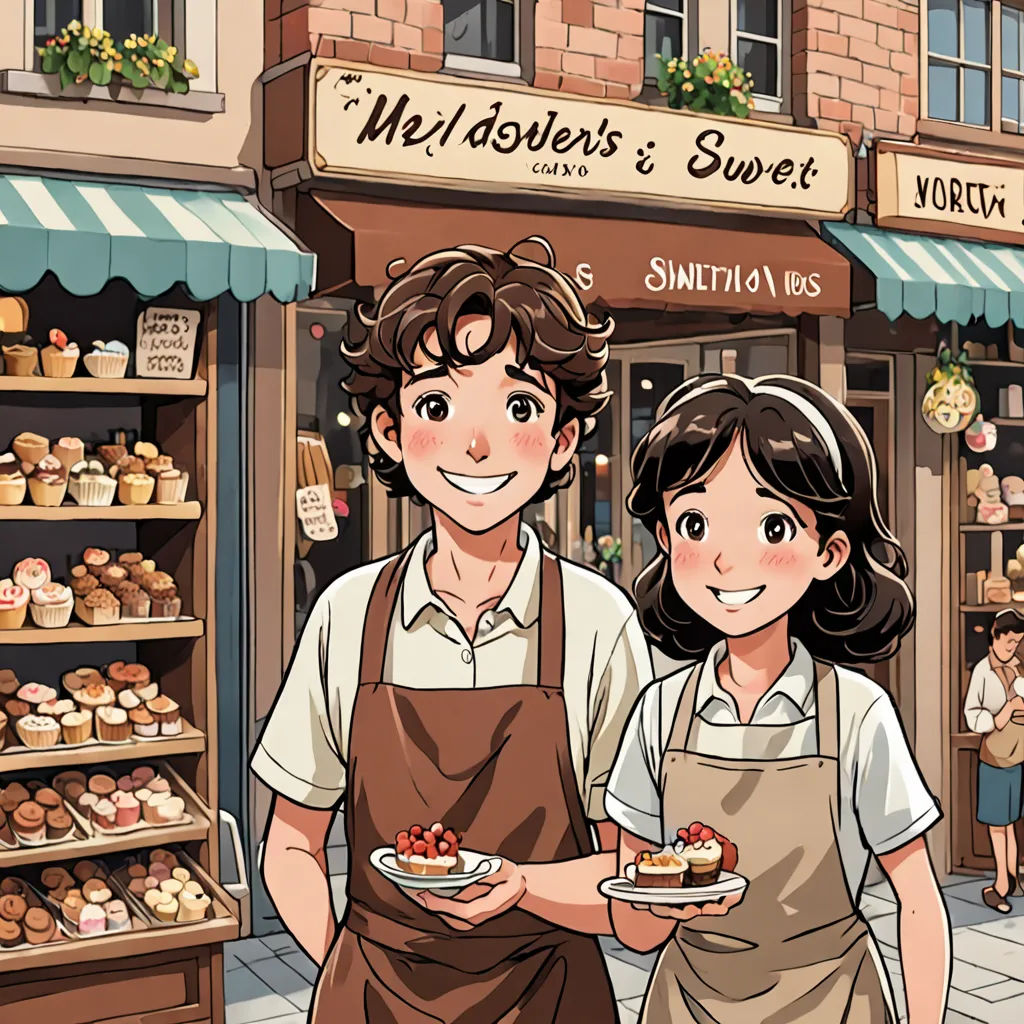 a man and a woman holding a plate of food in front of a bakery shop with a sign that says meltose's sweet, a storybook illustration, comic cover art, serial art, Colin Middleton