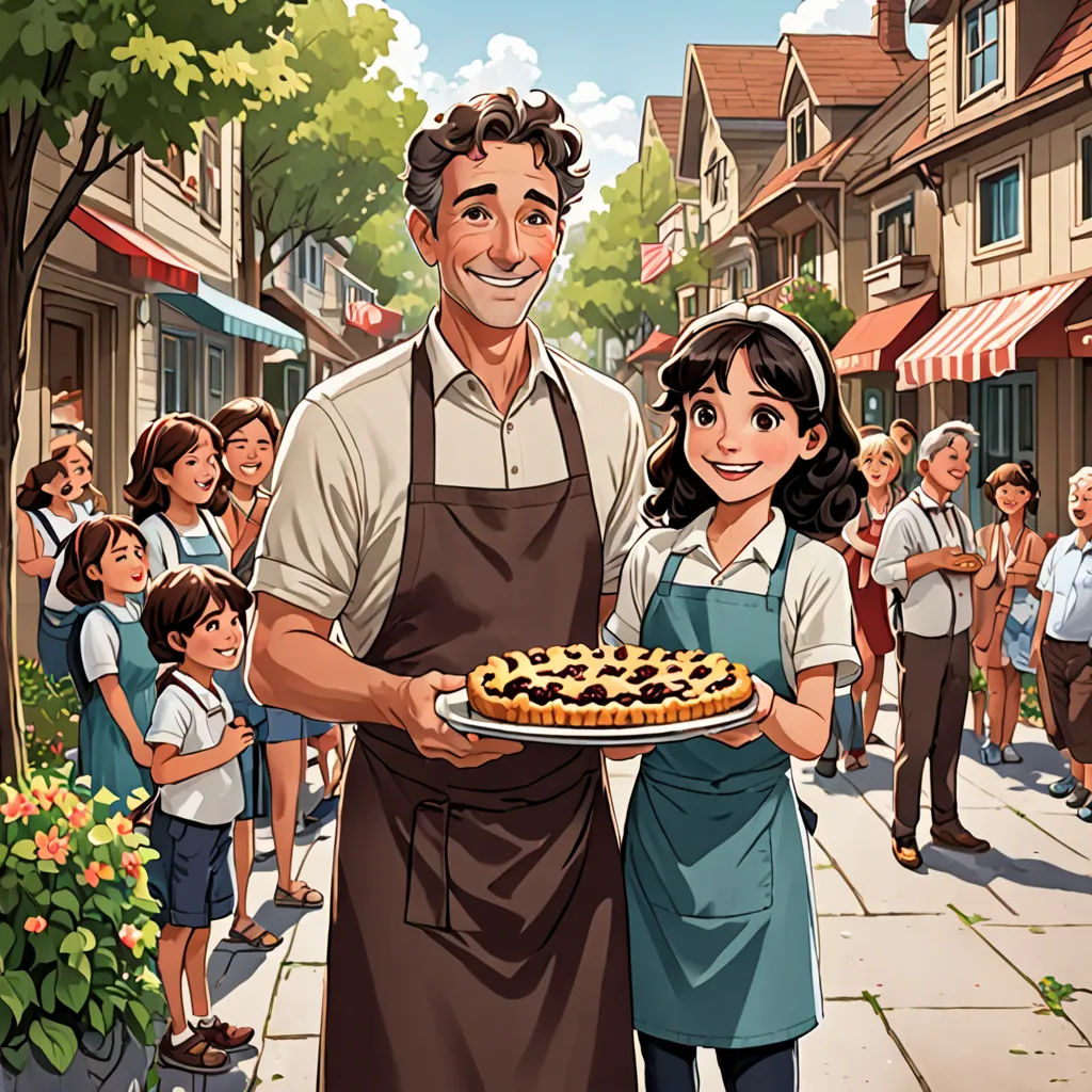 a man and a woman holding a plate of food in front of a crowd of people on a sidewalk, a storybook illustration, comic cover art, american scene painting, Cliff Childs