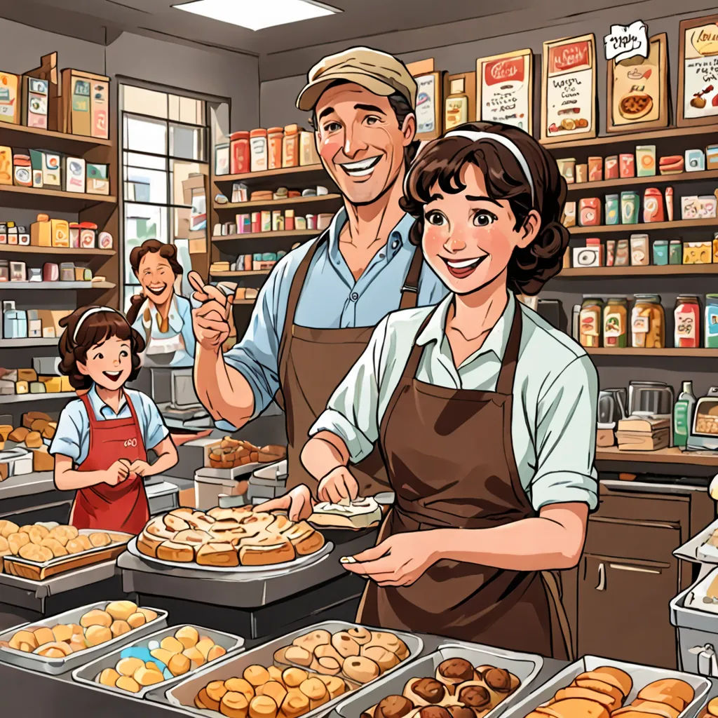 a man and woman are working in a bakery with a child and a man is holding a tray of donuts, a storybook illustration, official art, american realism, Alton Tobey