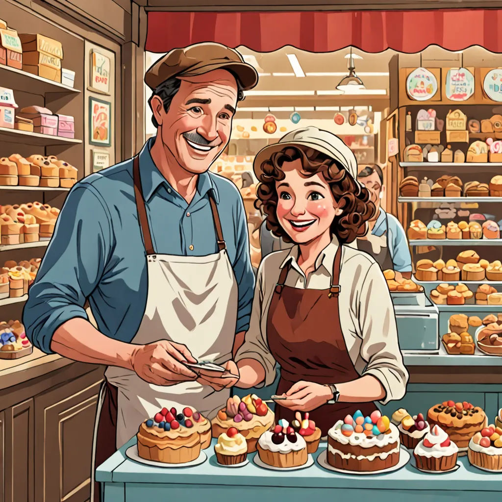 a man and woman are standing in front of a bakery counter with cupcakes on it and a shelf full of cakes, a storybook illustration, storybook illustration, american scene painting, disney