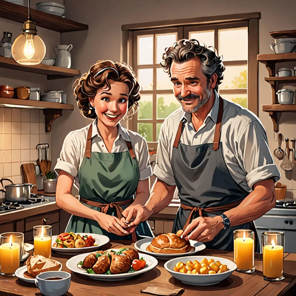 a man and woman are preparing food in a kitchen together, with a large window behind them and a large wooden table with plates of food on it, a storybook illustration, game art, american realism, Bourgeois