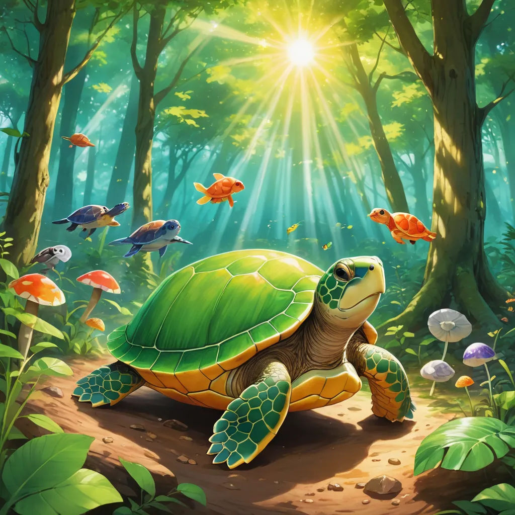 a painting of a turtle in the middle of a forest with fish swimming around it and a sunbeam, fantasy art, a storybook illustration, Chris LaBrooy, magic the gathering artwork