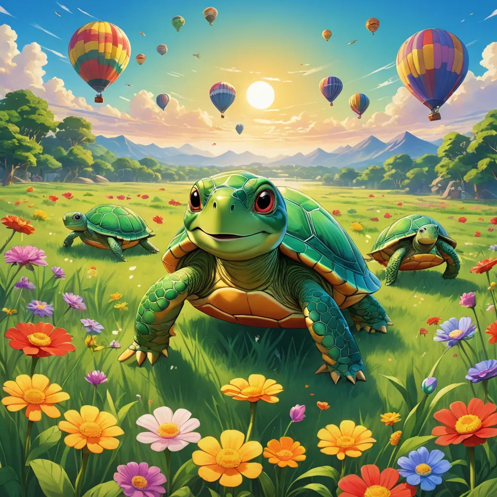 a painting of a turtle and two hot air balloons in the sky above a field of flowers and flowers, fantasy art, a storybook illustration, Chris LaBrooy, game art