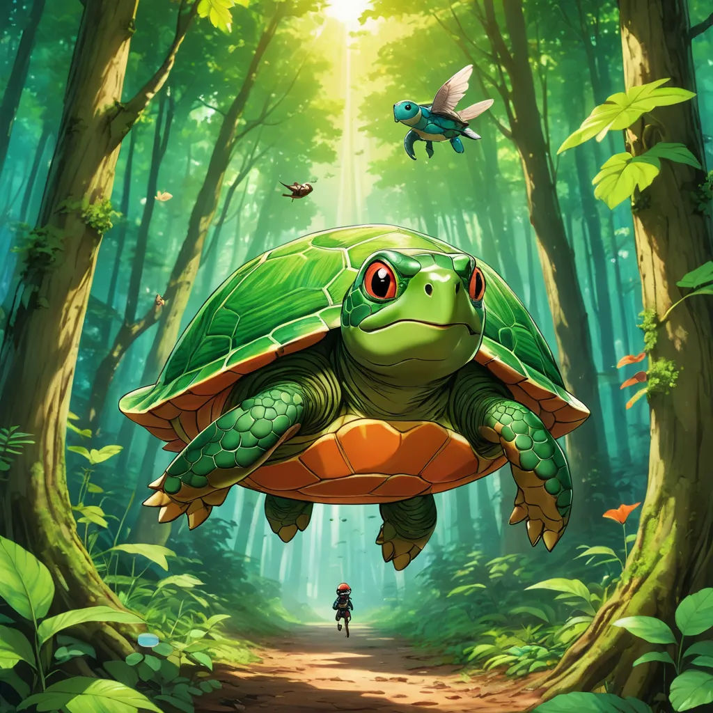 a turtle flying over a forest with a person walking on a path below it and a bird flying above it, altermodern, concept art, Chris LaBrooy, magic the gathering artwork