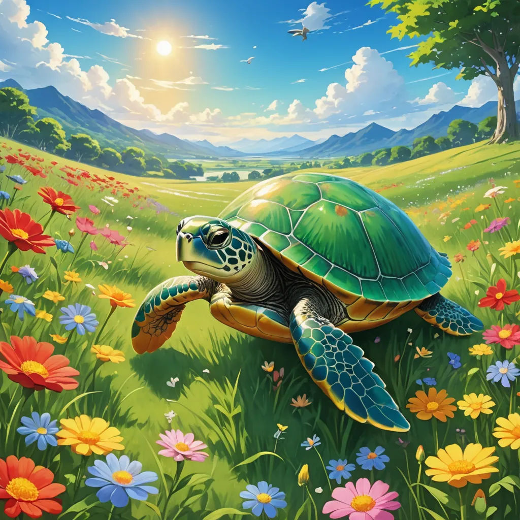 a painting of a turtle in a field of flowers and a bird flying over it's head in the background, fantasy art, a storybook illustration, Chris LaBrooy, highly detailed digital painting