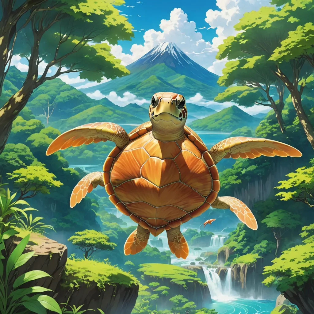 a turtle flying over a lush green forest filled with trees and a waterfall under a blue sky with clouds, fantasy art, an airbrush painting, Chris LaBrooy, highly detailed digital painting
