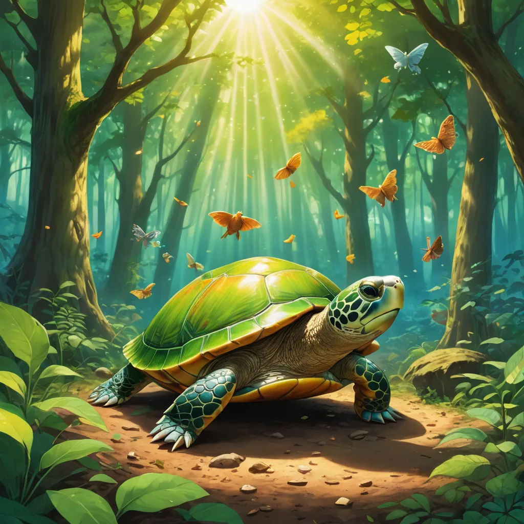 a painting of a turtle in a forest with butterflies flying around it and a sunbeam in the background, fantasy art, a storybook illustration, Chris LaBrooy, magic the gathering artwork