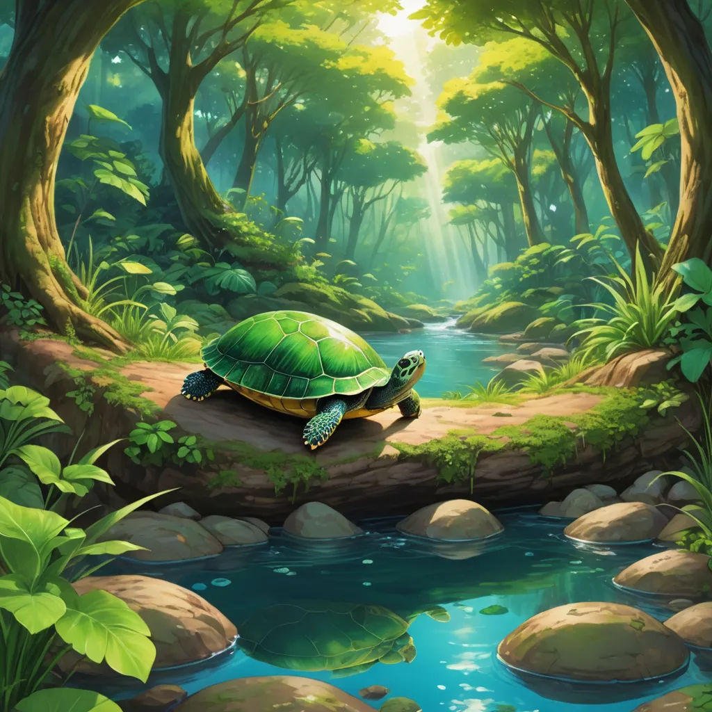 a turtle is sitting on a rock in the middle of a forest by a stream of water and rocks, fantasy art, a storybook illustration, Chris LaBrooy, magic the gathering artwork